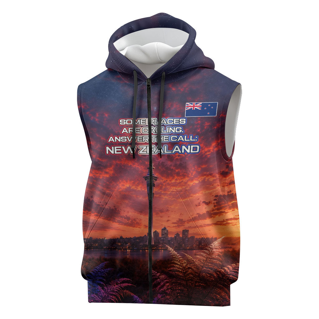 New Zealand Aotearoa Kiwi UFO Sleeveless Zip Hoodie Sci-Fi Galaxy Sunset Sky Tower And Mountain TS04 Blue Red - Polynesian Pride