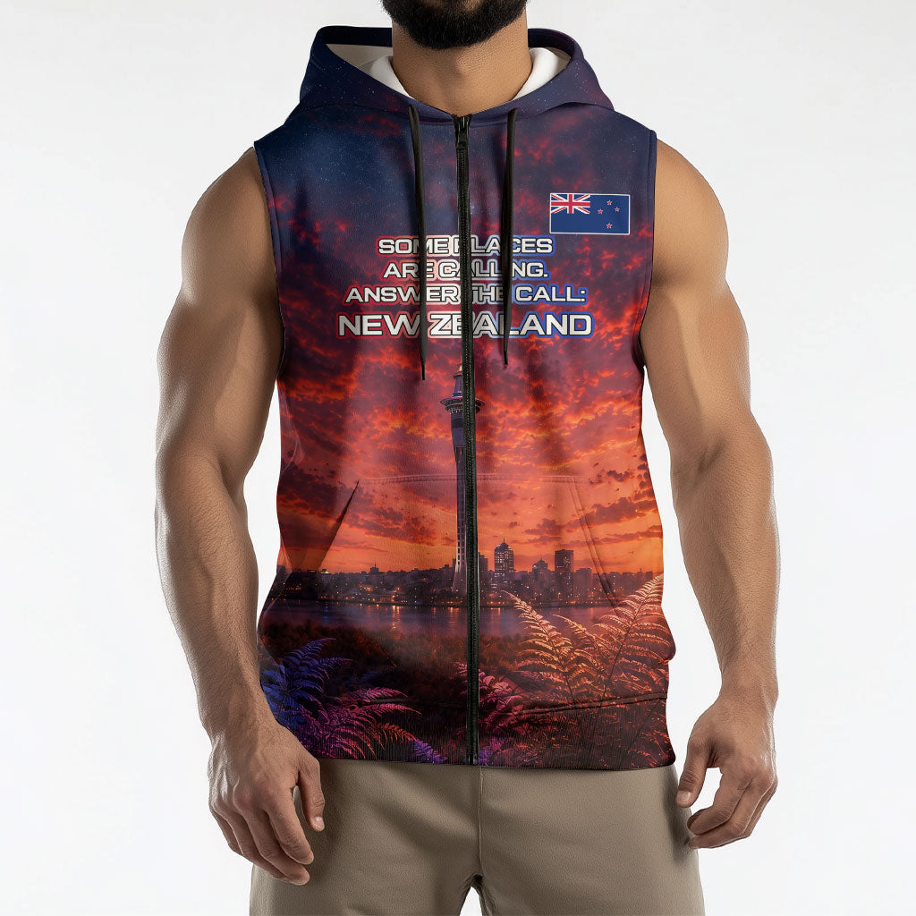 New Zealand Aotearoa Kiwi UFO Sleeveless Zip Hoodie Sci-Fi Galaxy Sunset Sky Tower And Mountain TS04 - Polynesian Pride