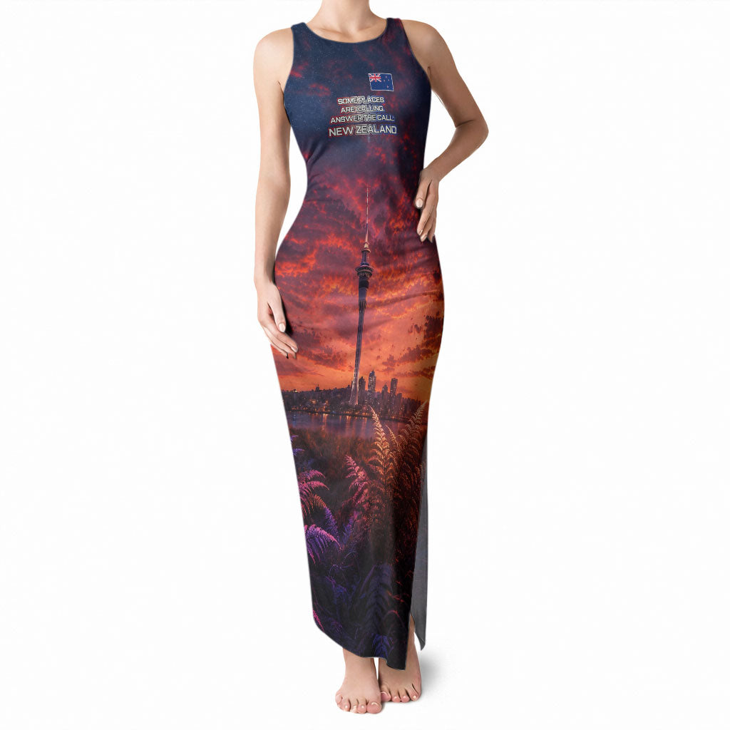 New Zealand Aotearoa Kiwi UFO Tank Maxi Dress Sci-Fi Galaxy Sunset Sky Tower And Mountain