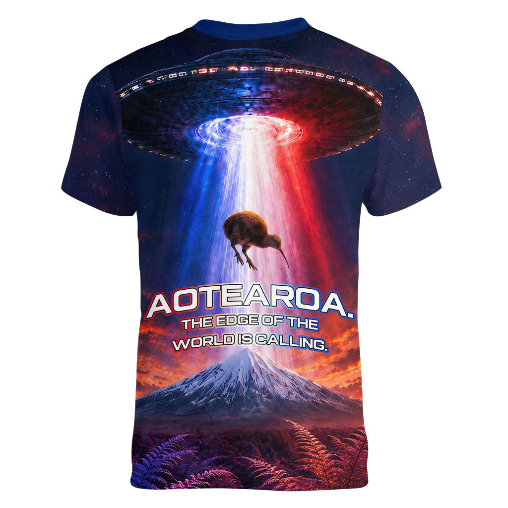 New Zealand Aotearoa Kiwi UFO Women V-Neck T-Shirt Sci-Fi Galaxy Sunset Sky Tower And Mountain TS04 - Polynesian Pride