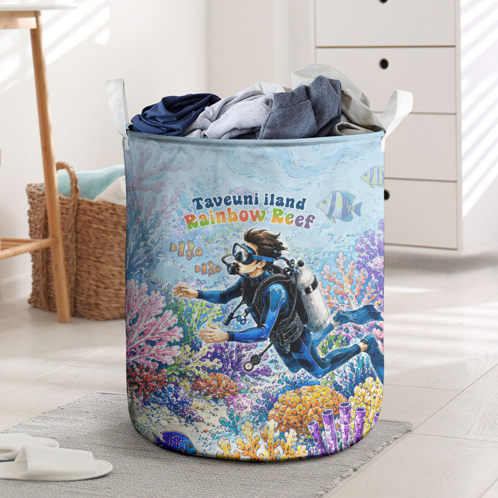 Fiji Taveuni Rainbow Reef Laundry Basket Scuba Diver Vibrant Undersea Coral Garden Watercolor TS04 Blue - Polynesian Pride