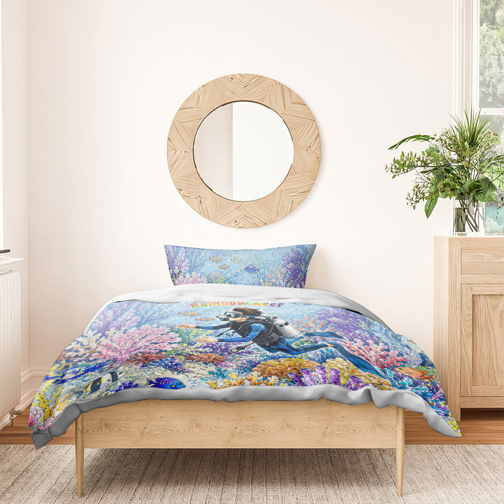 Fiji Taveuni Rainbow Reef Bedding Set Scuba Diver Vibrant Undersea Coral Garden Watercolor