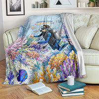 Fiji Taveuni Rainbow Reef Blanket Scuba Diver Vibrant Undersea Coral Garden Watercolor TS04 Blue - Polynesian Pride