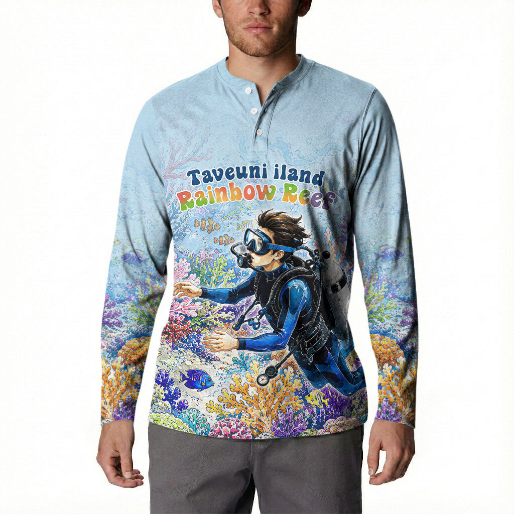 Fiji Taveuni Rainbow Reef Button Sweatshirt Scuba Diver Vibrant Undersea Coral Garden Watercolor