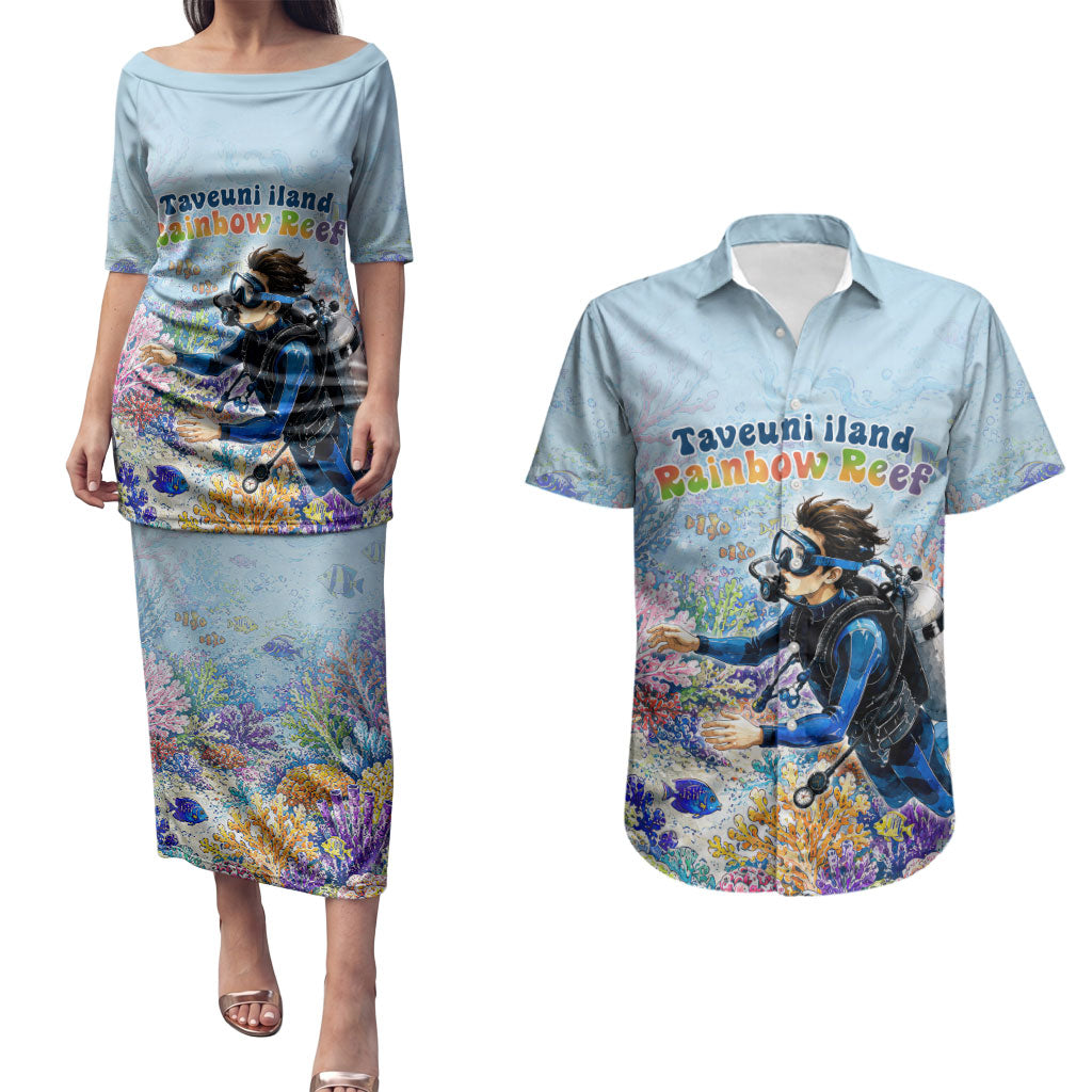 Fiji Taveuni Rainbow Reef Couples Matching Puletasi and Hawaiian Shirt Scuba Diver Vibrant Undersea Coral Garden Watercolor TS04 Blue - Polynesian Pride