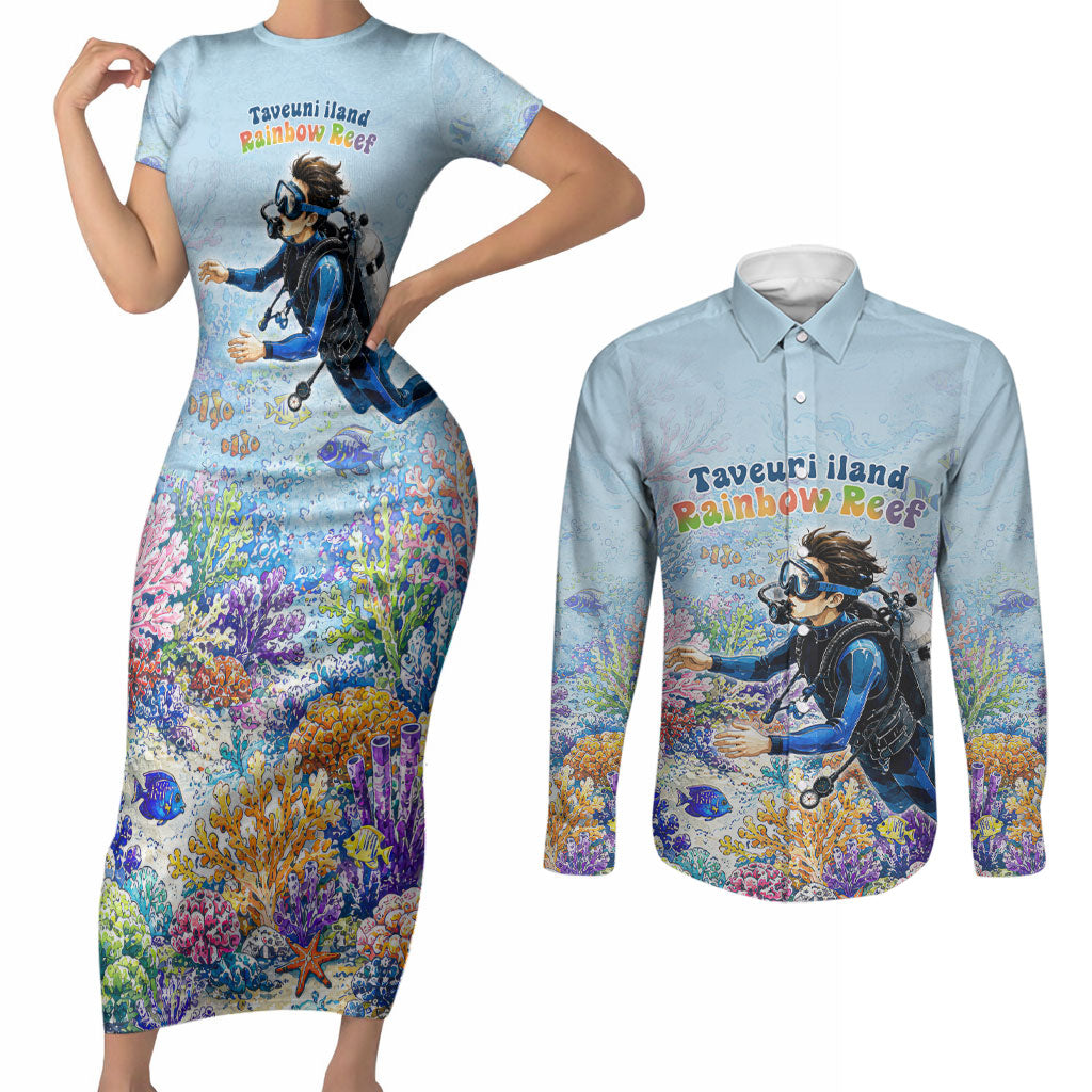 Fiji Taveuni Rainbow Reef Couples Matching Short Sleeve Bodycon Dress and Long Sleeve Button Shirt Scuba Diver Vibrant Undersea Coral Garden Watercolor