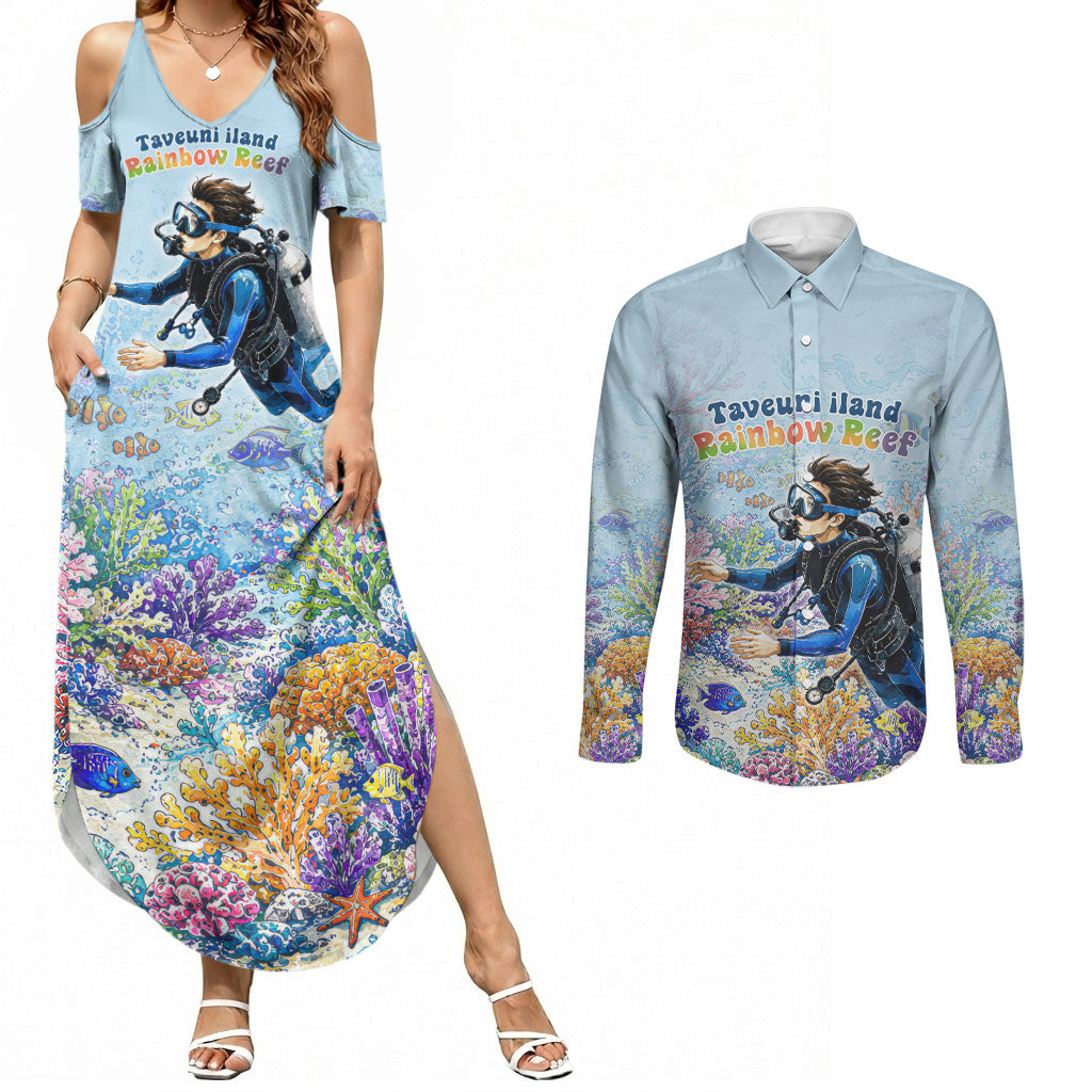 Fiji Taveuni Rainbow Reef Couples Matching Summer Maxi Dress and Long Sleeve Button Shirt Scuba Diver Vibrant Undersea Coral Garden Watercolor TS04 Blue - Polynesian Pride