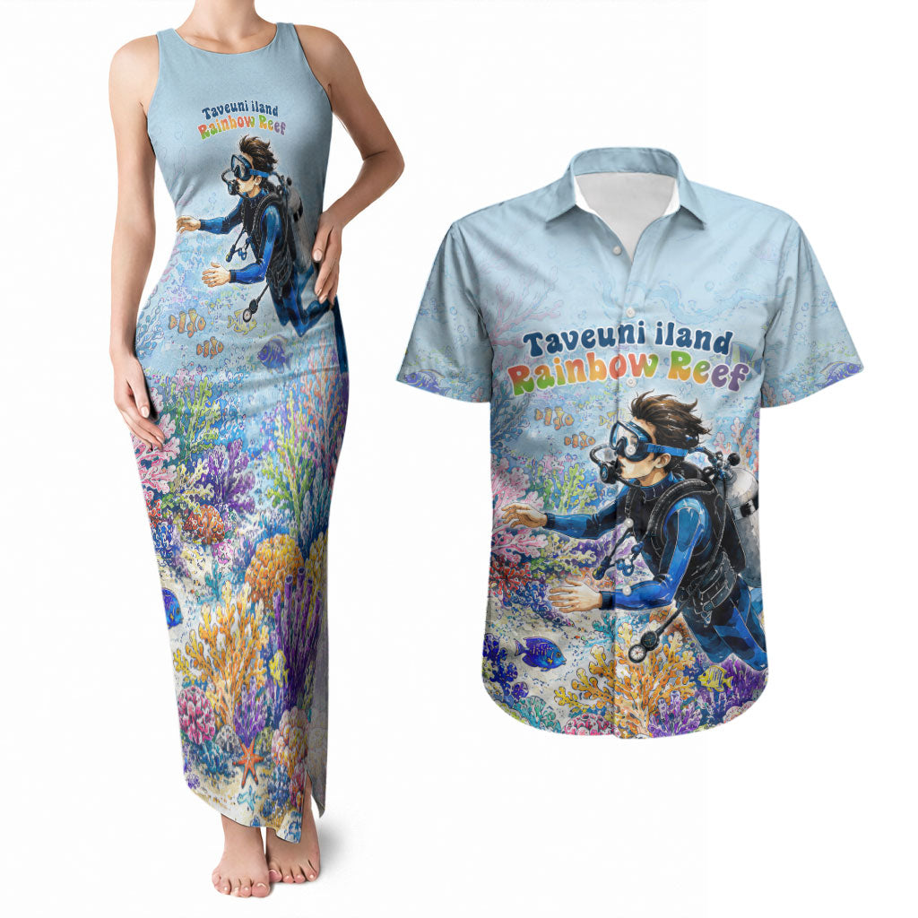 Fiji Taveuni Rainbow Reef Couples Matching Tank Maxi Dress and Hawaiian Shirt Scuba Diver Vibrant Undersea Coral Garden Watercolor TS04 Blue - Polynesian Pride