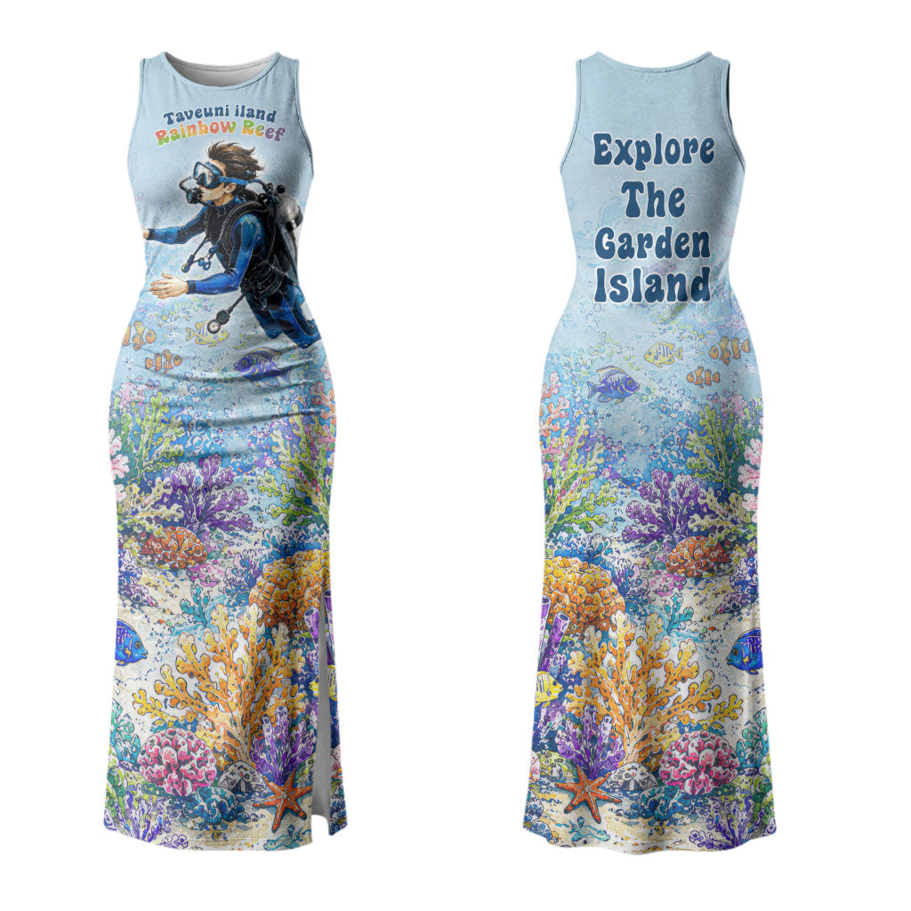 Fiji Taveuni Rainbow Reef Couples Matching Tank Maxi Dress and Hawaiian Shirt Scuba Diver Vibrant Undersea Coral Garden Watercolor TS04 - Polynesian Pride