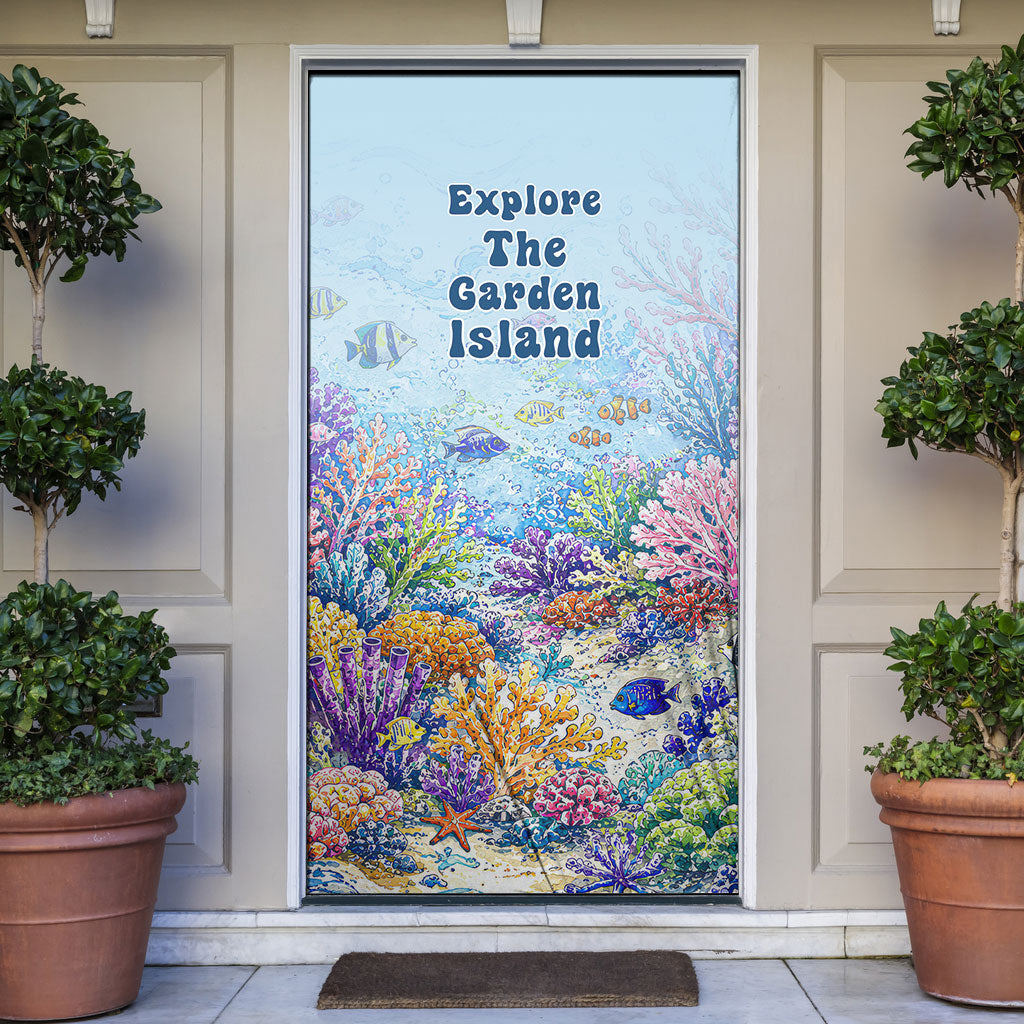 Fiji Taveuni Rainbow Reef Door Cover Scuba Diver Vibrant Undersea Coral Garden Watercolor