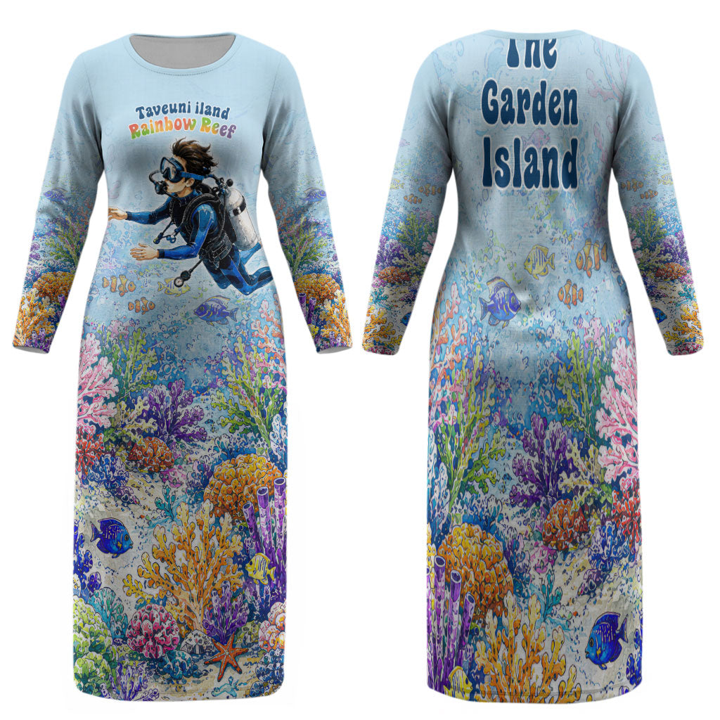 Fiji Taveuni Rainbow Reef Family Matching Long Sleeve Bodycon Dress and Hawaiian Shirt Scuba Diver Vibrant Undersea Coral Garden Watercolor TS04 Mom's Dress Blue - Polynesian Pride