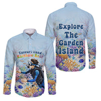 Fiji Taveuni Rainbow Reef Family Matching Mermaid Dress and Hawaiian Shirt Scuba Diver Vibrant Undersea Coral Garden Watercolor TS04 Dad's Shirt - Long Sleeve Blue - Polynesian Pride