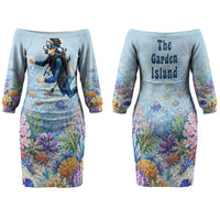 Fiji Taveuni Rainbow Reef Family Matching Off The Shoulder Long Sleeve Dress and Hawaiian Shirt Scuba Diver Vibrant Undersea Coral Garden Watercolor TS04 Mom's Dress Blue - Polynesian Pride
