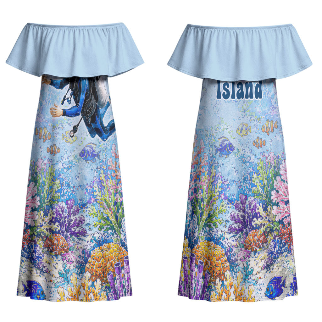 Fiji Taveuni Rainbow Reef Family Matching Off Shoulder Maxi Dress and Hawaiian Shirt Scuba Diver Vibrant Undersea Coral Garden Watercolor TS04 Mom's Dress Blue - Polynesian Pride