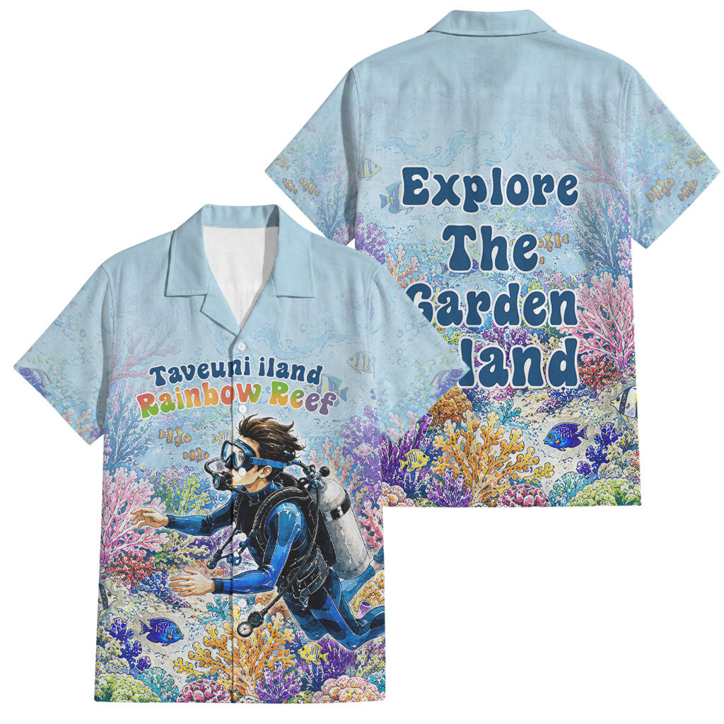Fiji Taveuni Rainbow Reef Family Matching Summer Maxi Dress and Hawaiian Shirt Scuba Diver Vibrant Undersea Coral Garden Watercolor TS04 Dad's Shirt - Short Sleeve Blue - Polynesian Pride