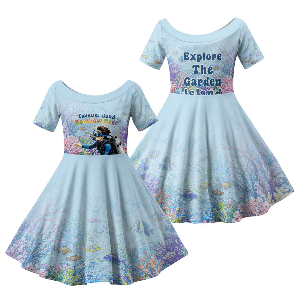 Fiji Taveuni Rainbow Reef Family Matching Tank Maxi Dress and Hawaiian Shirt Scuba Diver Vibrant Undersea Coral Garden Watercolor TS04 Daughter's Dress Blue - Polynesian Pride