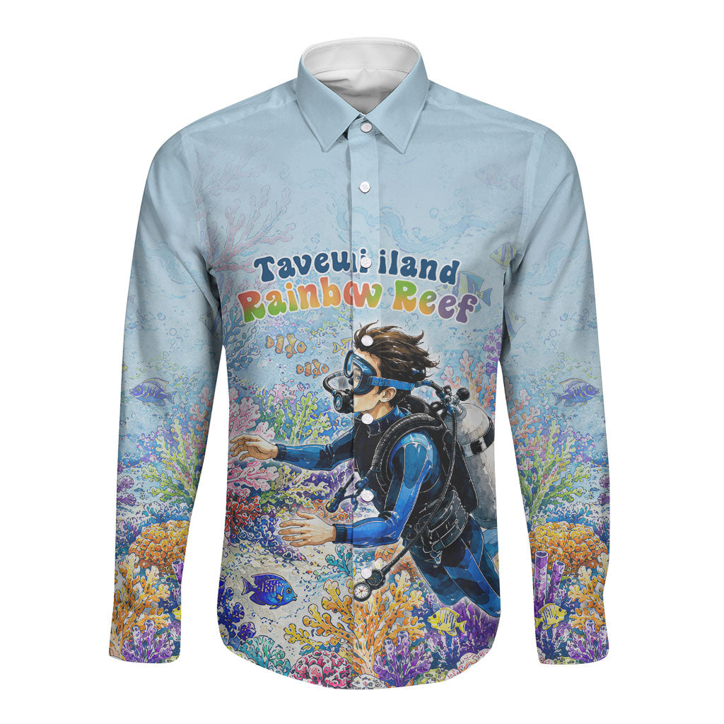 Fiji Taveuni Rainbow Reef Long Sleeve Button Shirt Scuba Diver Vibrant Undersea Coral Garden Watercolor TS04 Unisex Blue - Polynesian Pride