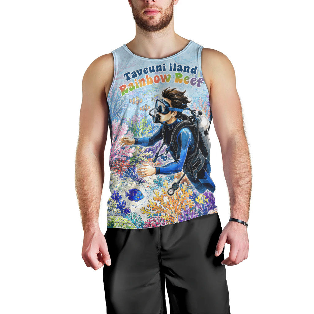 Fiji Taveuni Rainbow Reef Men Tank Top Scuba Diver Vibrant Undersea Coral Garden Watercolor