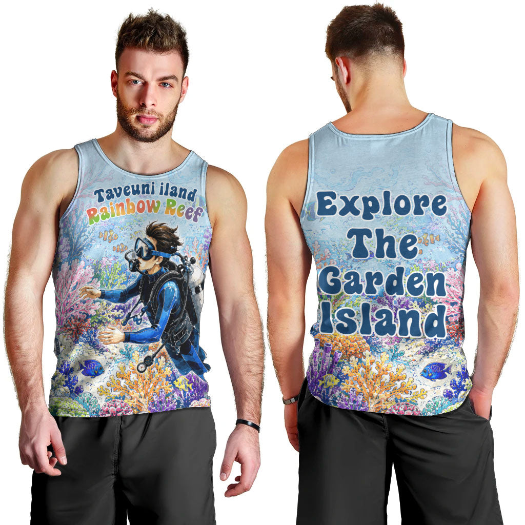 Fiji Taveuni Rainbow Reef Men Tank Top Scuba Diver Vibrant Undersea Coral Garden Watercolor