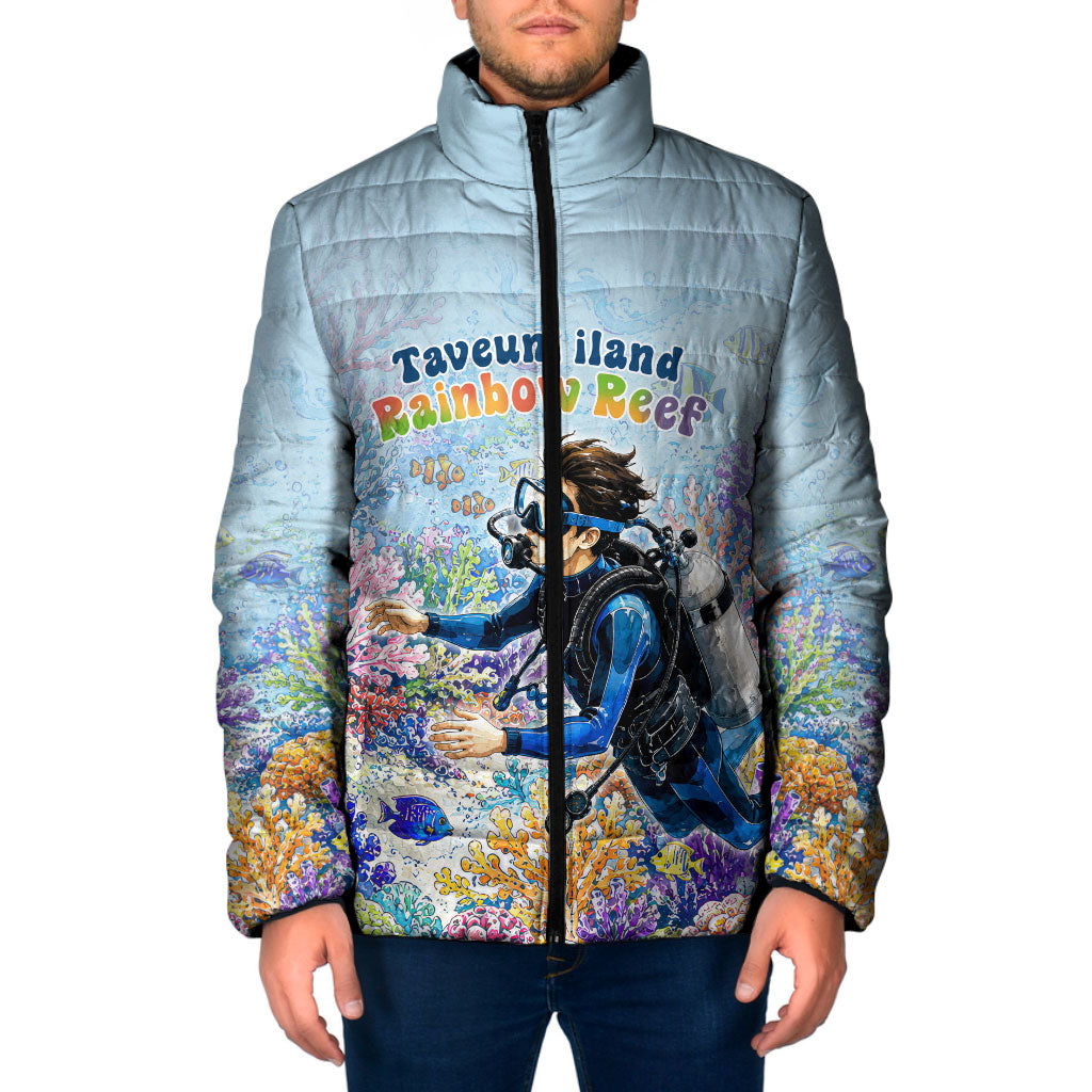 Fiji Taveuni Rainbow Reef Padded Jacket Scuba Diver Vibrant Undersea Coral Garden Watercolor