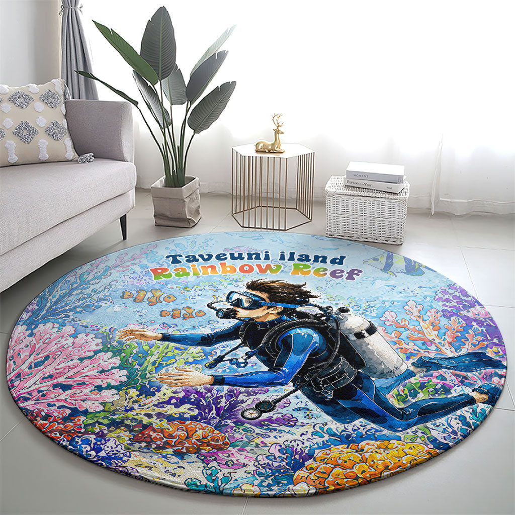 Fiji Taveuni Rainbow Reef Round Carpet Scuba Diver Vibrant Undersea Coral Garden Watercolor