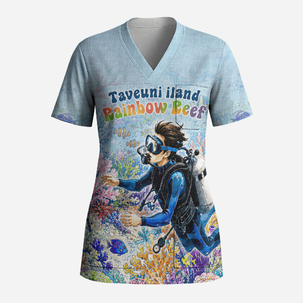 Fiji Taveuni Rainbow Reef Scrub Top Scuba Diver Vibrant Undersea Coral Garden Watercolor TS04 Adult Blue - Polynesian Pride