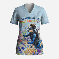 Fiji Taveuni Rainbow Reef Scrub Top Scuba Diver Vibrant Undersea Coral Garden Watercolor
