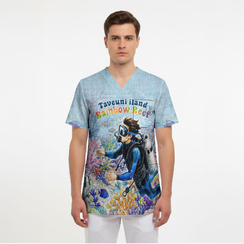Fiji Taveuni Rainbow Reef Scrub Top Scuba Diver Vibrant Undersea Coral Garden Watercolor