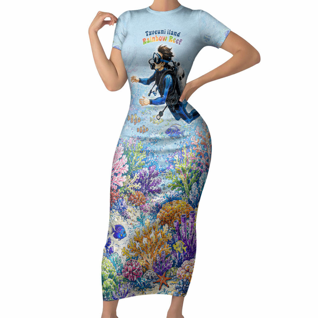 Fiji Taveuni Rainbow Reef Short Sleeve Bodycon Dress Scuba Diver Vibrant Undersea Coral Garden Watercolor