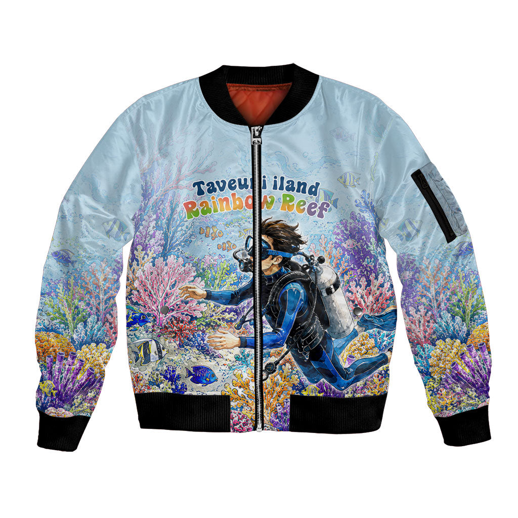 Fiji Taveuni Rainbow Reef Sleeve Zip Bomber Jacket Scuba Diver Vibrant Undersea Coral Garden Watercolor TS04 Unisex Blue - Polynesian Pride