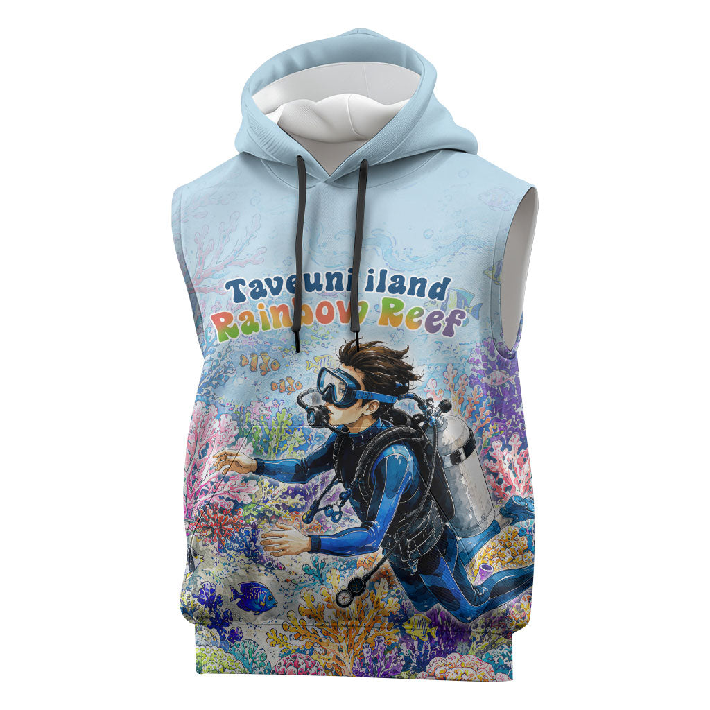 Fiji Taveuni Rainbow Reef Sleeveless Hoodie Scuba Diver Vibrant Undersea Coral Garden Watercolor