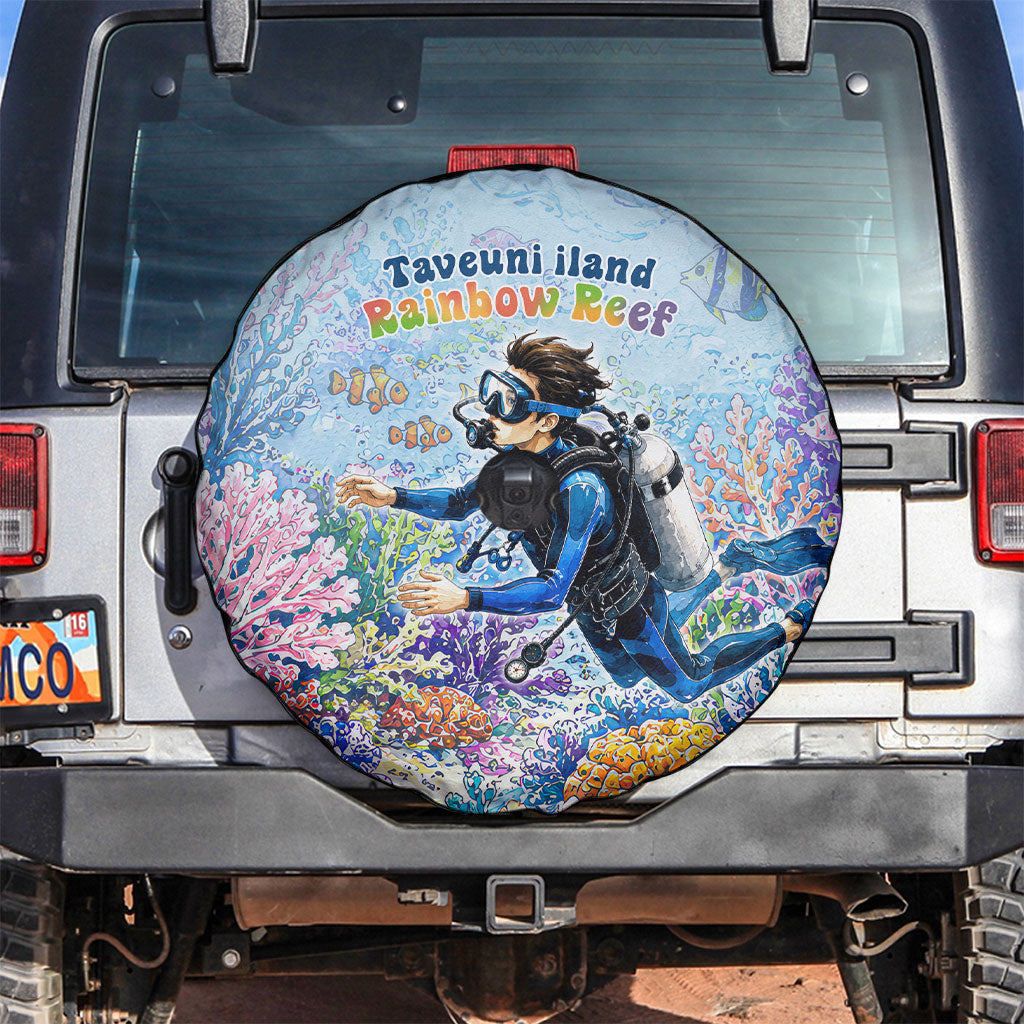Fiji Taveuni Rainbow Reef Spare Tire Cover Scuba Diver Vibrant Undersea Coral Garden Watercolor TS04 Blue - Polynesian Pride