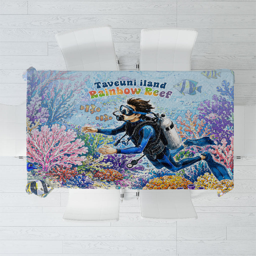 Fiji Taveuni Rainbow Reef Tablecloth Scuba Diver Vibrant Undersea Coral Garden Watercolor
