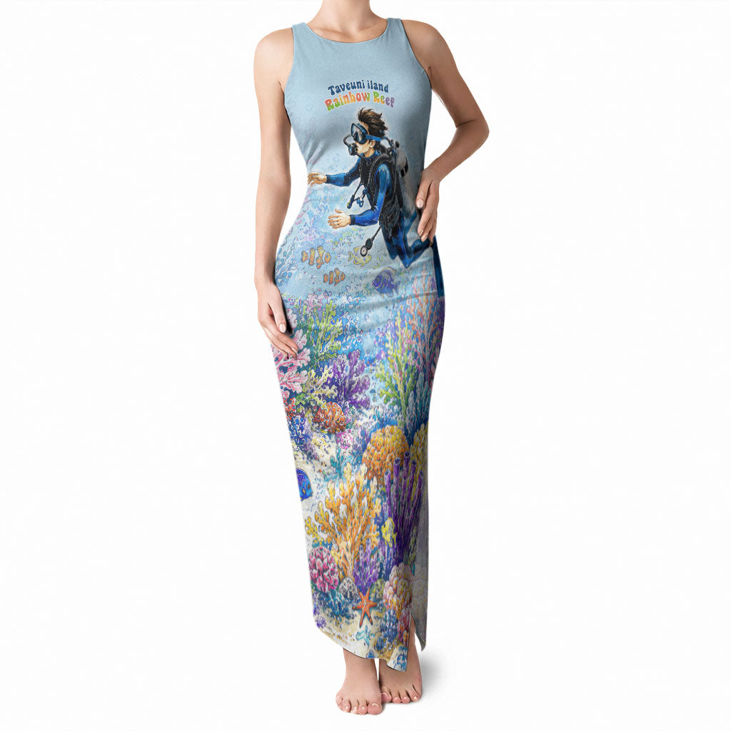 Fiji Taveuni Rainbow Reef Tank Maxi Dress Scuba Diver Vibrant Undersea Coral Garden Watercolor TS04 Women Blue - Polynesian Pride