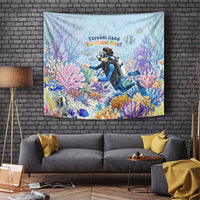 Fiji Taveuni Rainbow Reef Tapestry Scuba Diver Vibrant Undersea Coral Garden Watercolor TS04 Blue - Polynesian Pride