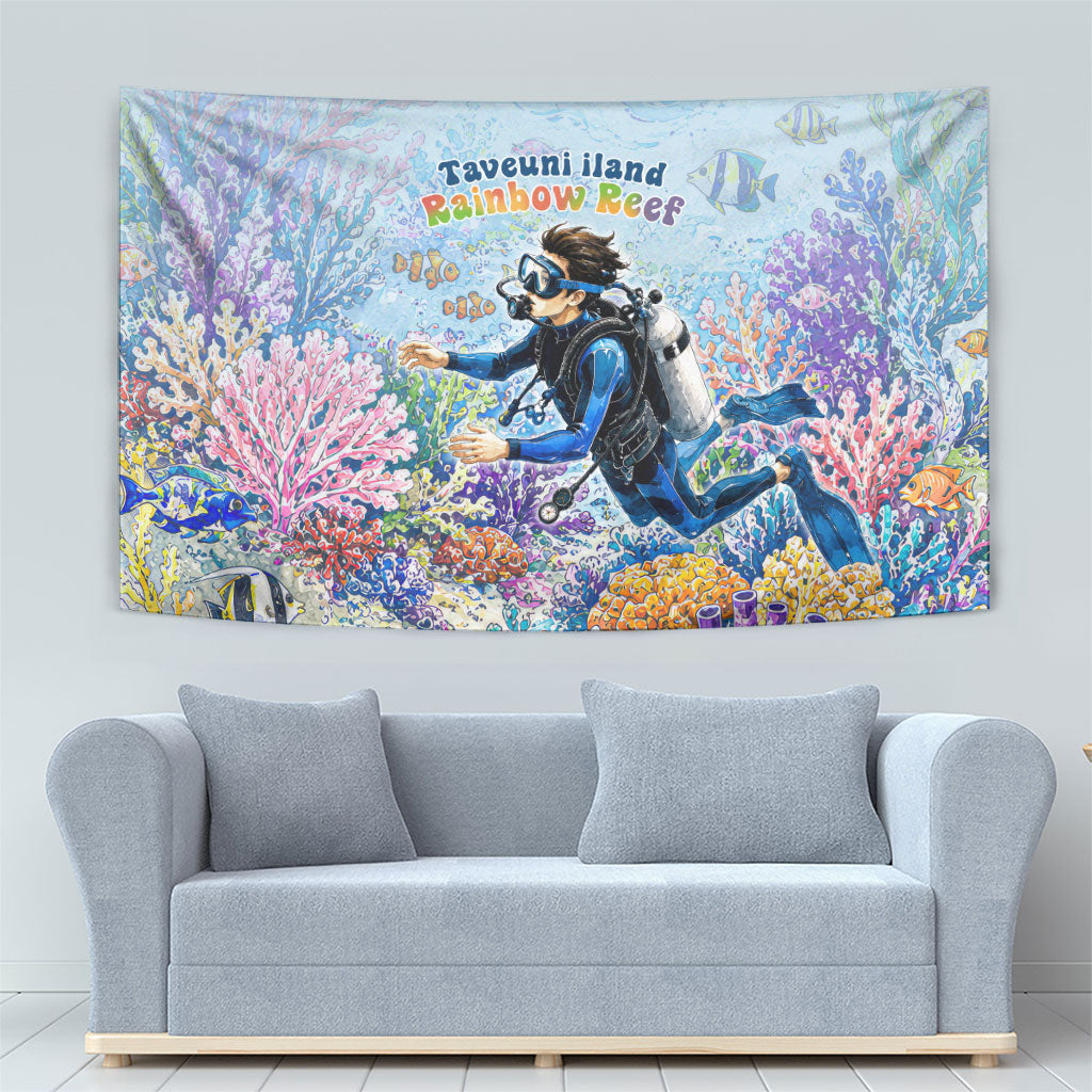 Fiji Taveuni Rainbow Reef Tapestry Scuba Diver Vibrant Undersea Coral Garden Watercolor TS04 - Polynesian Pride