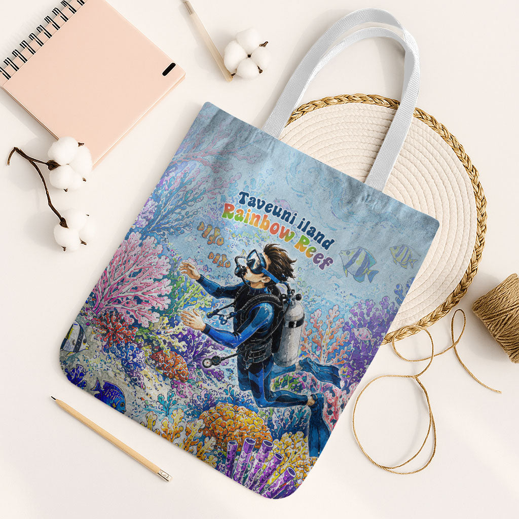 Fiji Taveuni Rainbow Reef Tote Bag Scuba Diver Vibrant Undersea Coral Garden Watercolor TS04 White Strap One Size Blue - Polynesian Pride