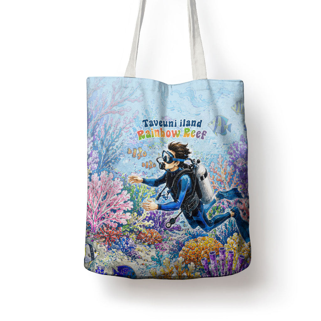 Fiji Taveuni Rainbow Reef Tote Bag Scuba Diver Vibrant Undersea Coral Garden Watercolor TS04 - Polynesian Pride