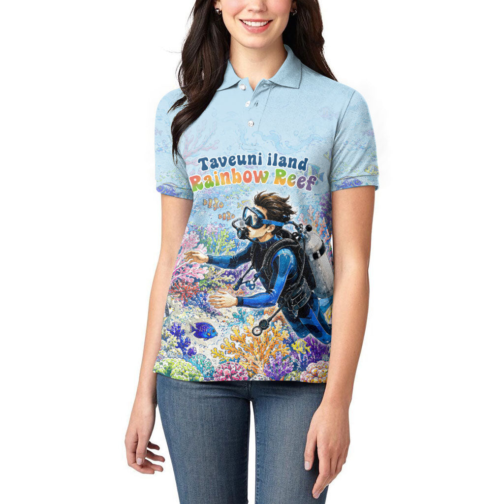 Fiji Taveuni Rainbow Reef Women Polo Shirt Scuba Diver Vibrant Undersea Coral Garden Watercolor TS04 - Polynesian Pride