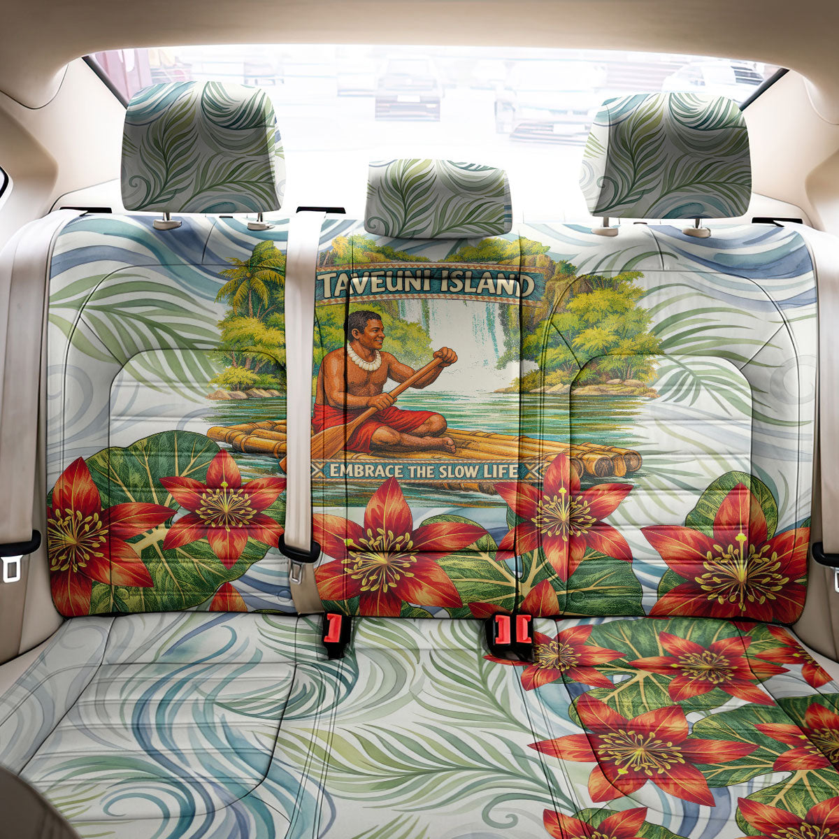 Fiji Taveuni Island Dateline Crossing Back Car Seat Cover Tropical Cultural Landscape With Tagimoucia Floral Pattern TS04 - Polynesian Pride