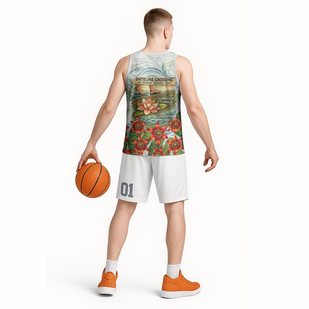 Fiji Taveuni Island Dateline Crossing Basketball Jersey Tropical Cultural Landscape With Tagimoucia Floral Pattern TS04 - Polynesian Pride