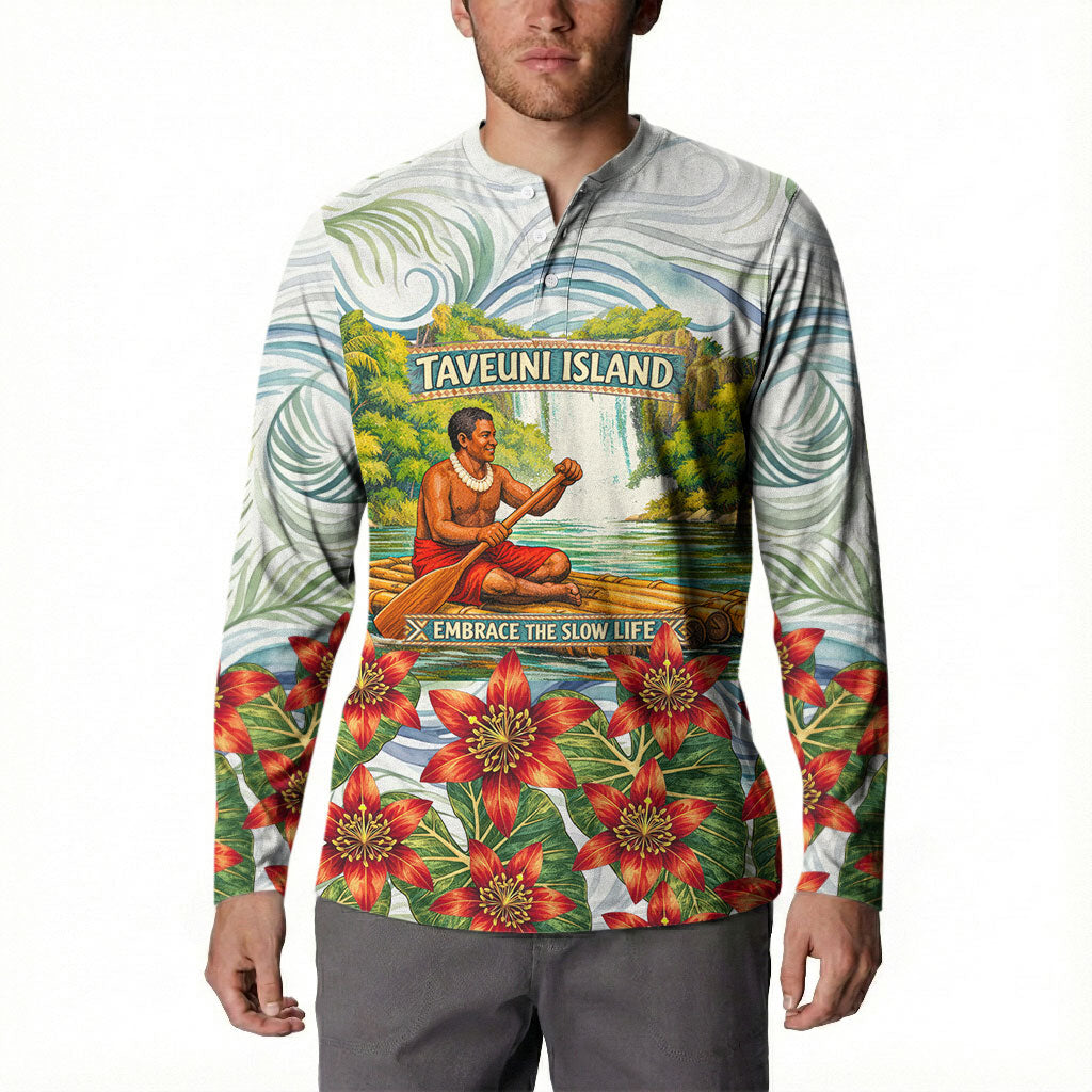 Fiji Taveuni Island Dateline Crossing Button Sweatshirt Tropical Cultural Landscape With Tagimoucia Floral Pattern TS04 - Polynesian Pride