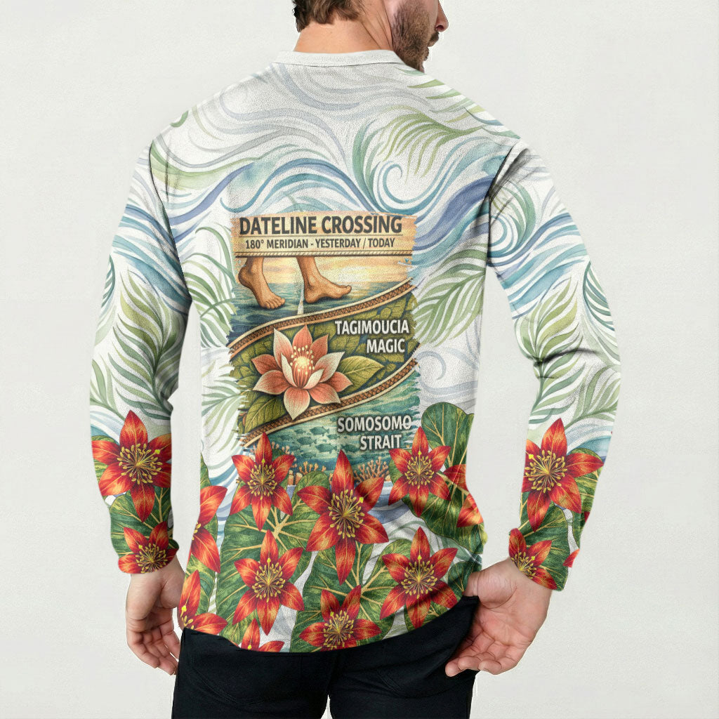 Fiji Taveuni Island Dateline Crossing Button Sweatshirt Tropical Cultural Landscape With Tagimoucia Floral Pattern TS04 - Polynesian Pride