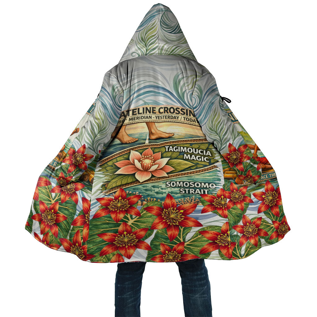 Fiji Taveuni Island Dateline Crossing Cloak Tropical Cultural Landscape With Tagimoucia Floral Pattern TS04 Unisex White Green - Polynesian Pride