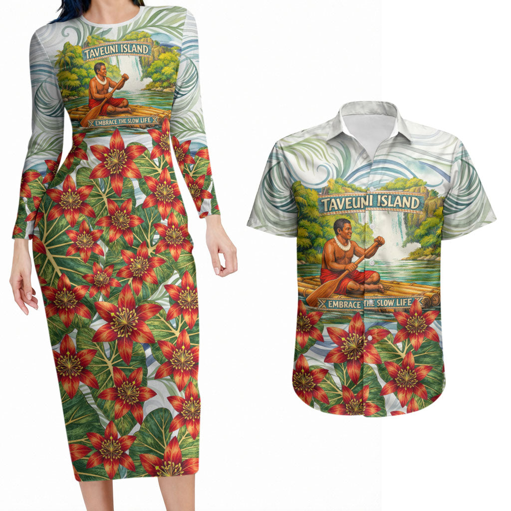Fiji Taveuni Island Dateline Crossing Couples Matching Long Sleeve Bodycon Dress and Hawaiian Shirt Tropical Cultural Landscape With Tagimoucia Floral Pattern TS04 White Green - Polynesian Pride