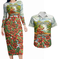 Fiji Taveuni Island Dateline Crossing Couples Matching Long Sleeve Bodycon Dress and Hawaiian Shirt Tropical Cultural Landscape With Tagimoucia Floral Pattern TS04 White Green - Polynesian Pride