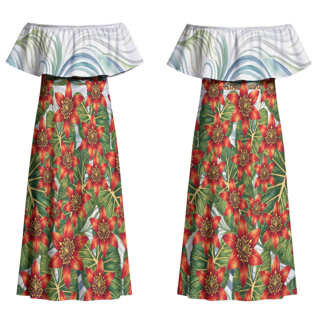 Fiji Taveuni Island Dateline Crossing Couples Matching Off Shoulder Maxi Dress and Long Sleeve Button Shirt Tropical Cultural Landscape With Tagimoucia Floral Pattern TS04 - Polynesian Pride
