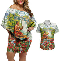 Fiji Taveuni Island Dateline Crossing Couples Matching Off Shoulder Short Dress and Hawaiian Shirt Tropical Cultural Landscape With Tagimoucia Floral Pattern TS04 White Green - Polynesian Pride