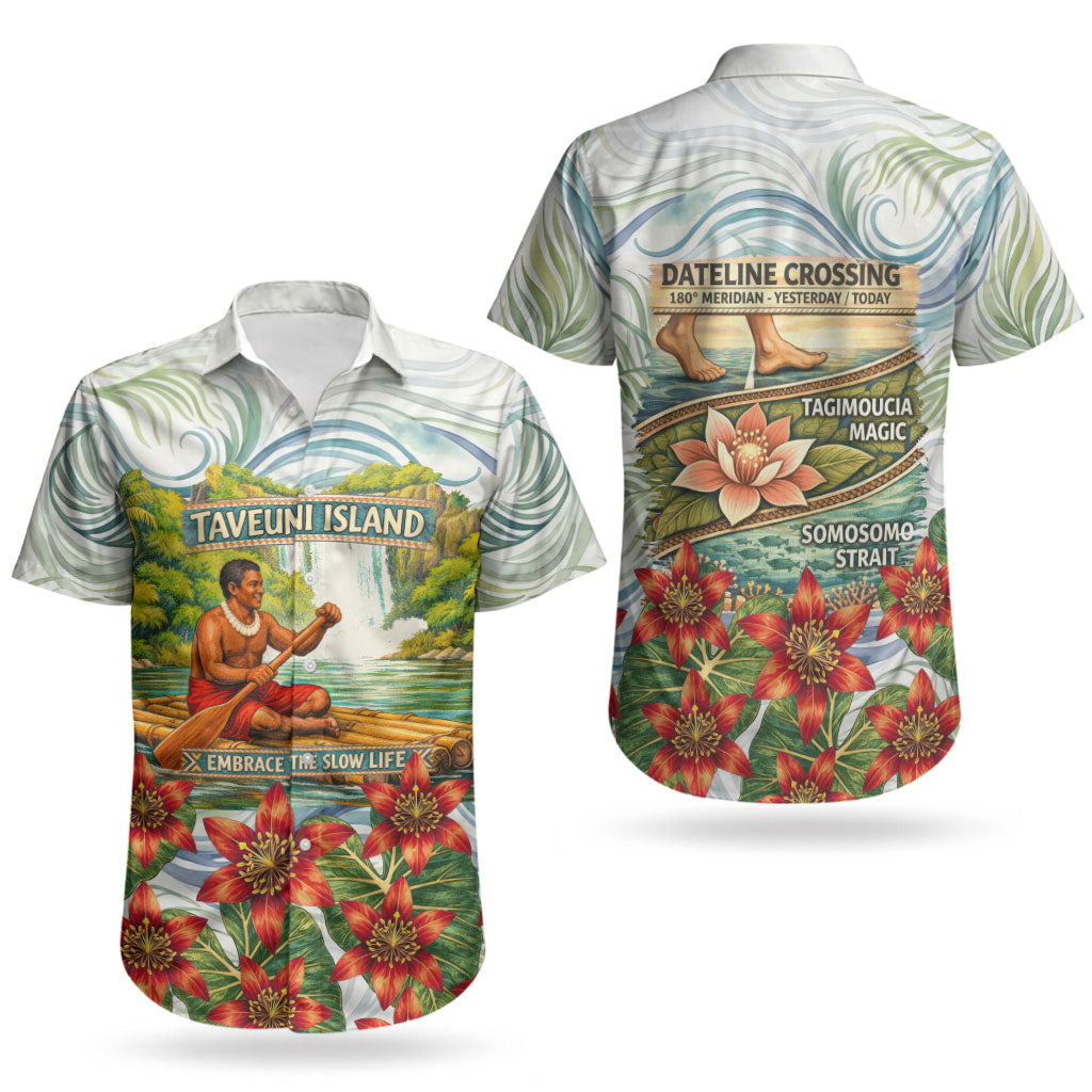 Fiji Taveuni Island Dateline Crossing Couples Matching Off Shoulder Short Dress and Hawaiian Shirt Tropical Cultural Landscape With Tagimoucia Floral Pattern TS04 - Polynesian Pride