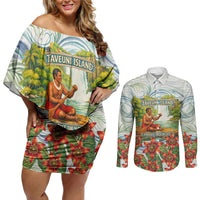 Fiji Taveuni Island Dateline Crossing Couples Matching Off Shoulder Short Dress and Long Sleeve Button Shirt Tropical Cultural Landscape With Tagimoucia Floral Pattern TS04 White Green - Polynesian Pride